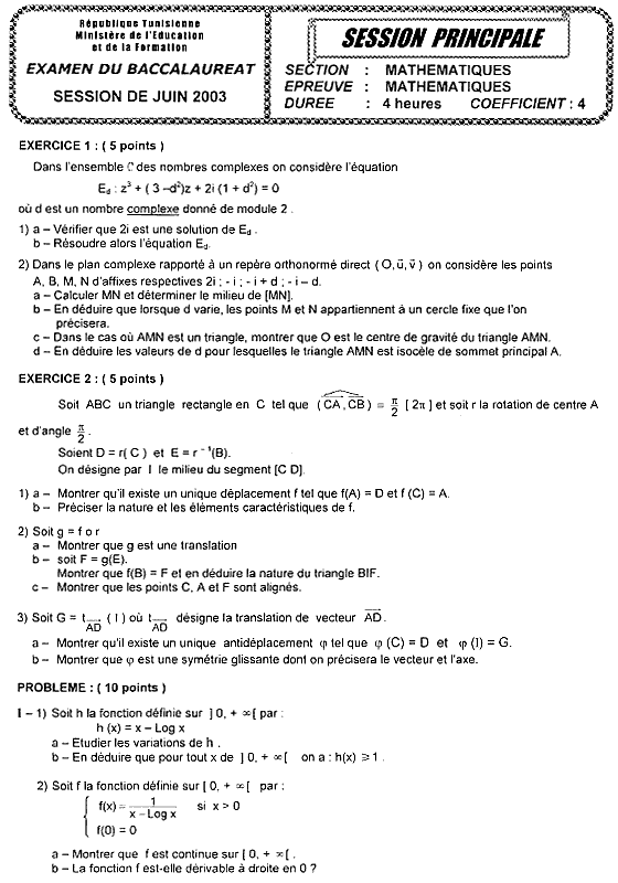 Enoncé Du Sujet Des Mathématiques